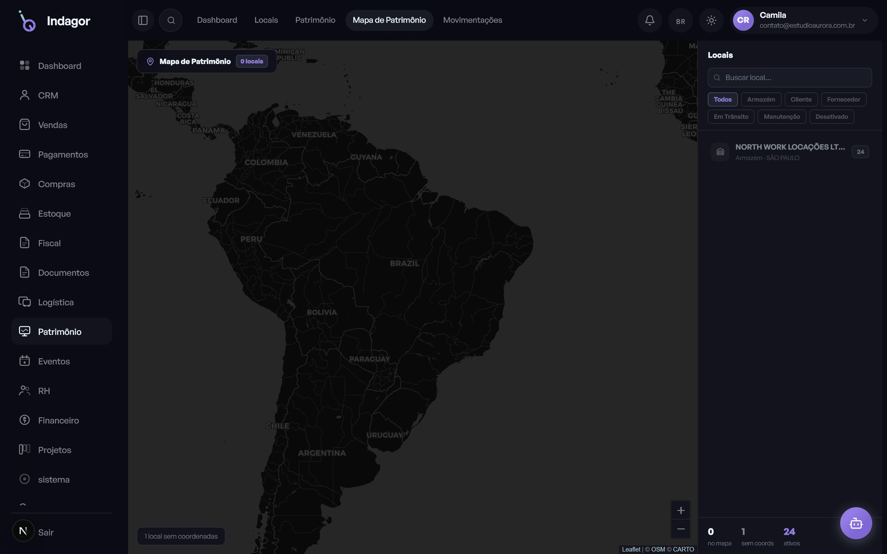 Mapa de patrimônio mostrando a localização dos equipamentos em tempo real