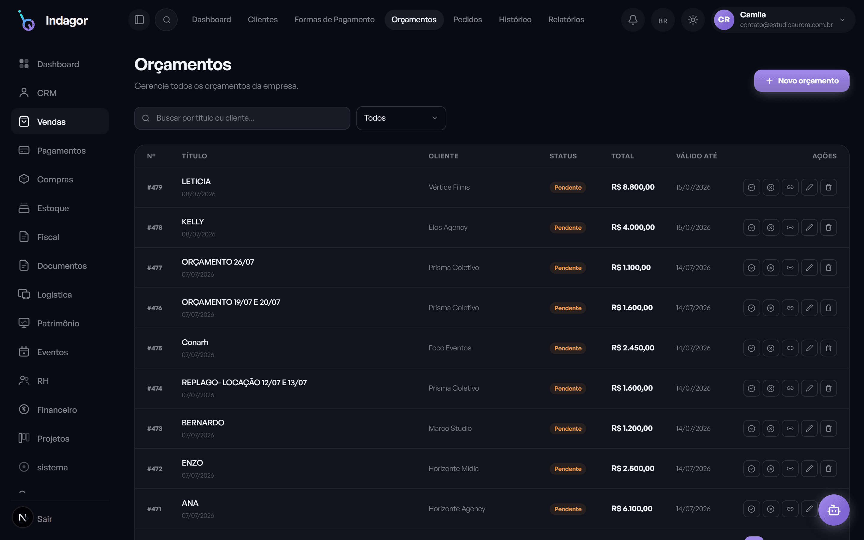 Interface do módulo Vendas no Indagor
