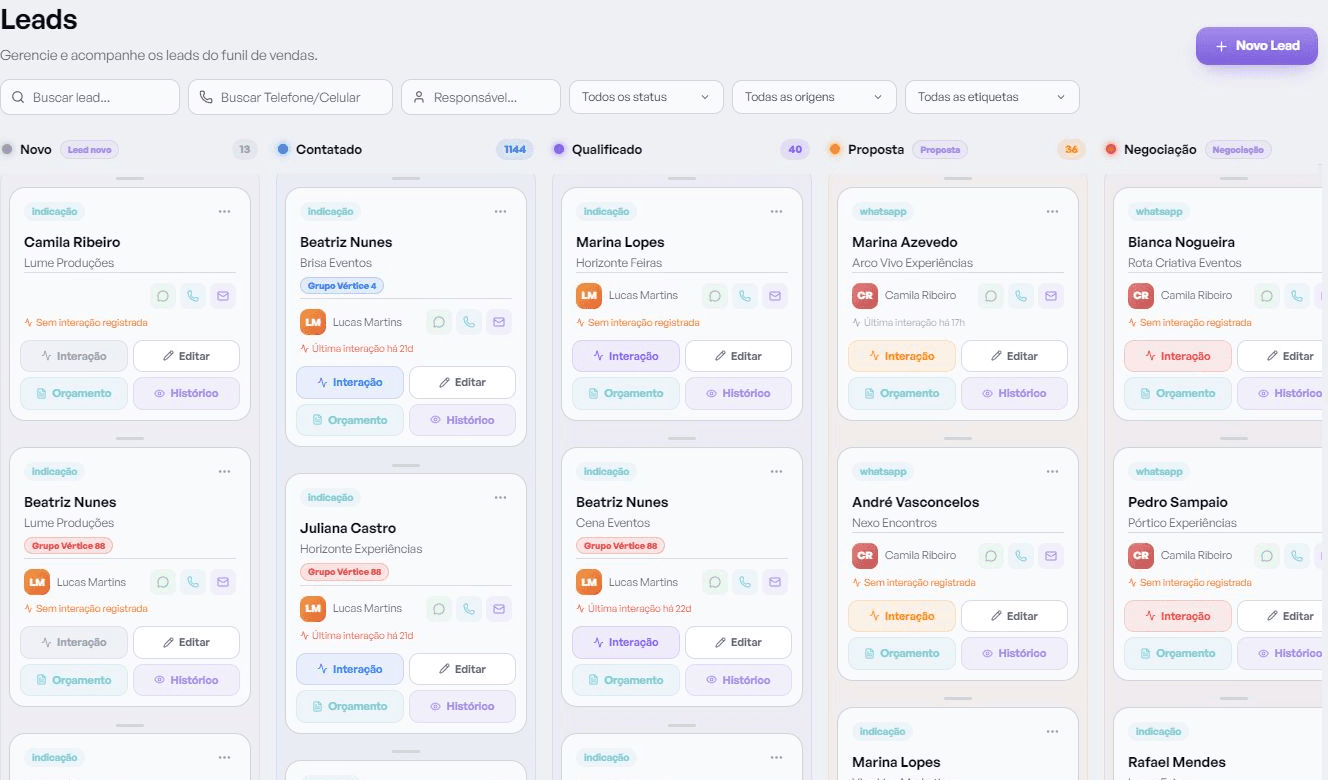 Interface real do Indagor: CRM · Oportunidades, em português e tema claro